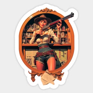 The Sheriff of Style Retro Western Pinup with Double Barrel Rifle Power Portrait Sticker